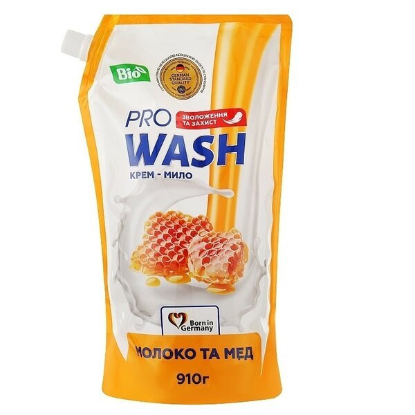 PRO WASH Рідке крем-мило дой-пак 910г Молоко та мед New, шт